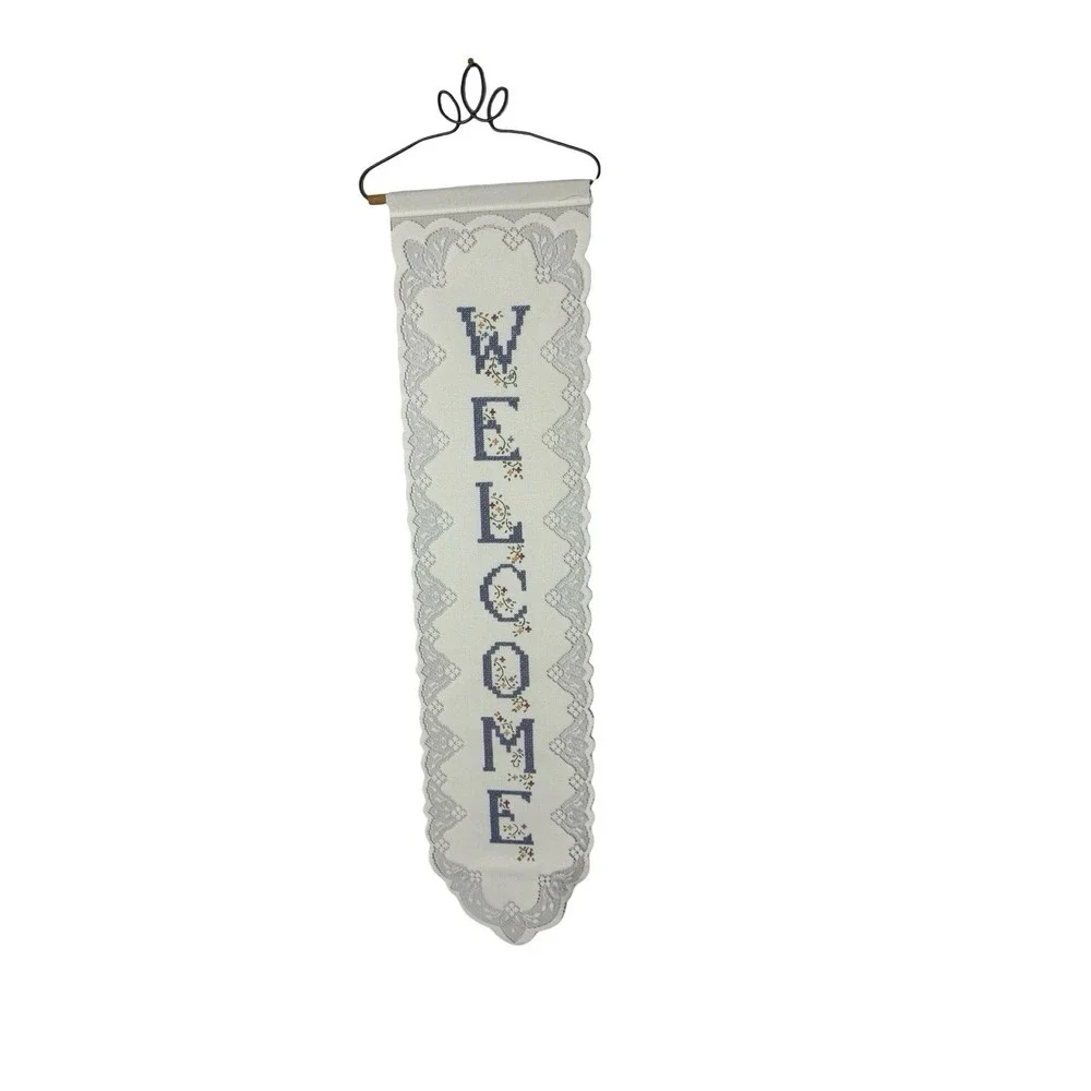 Vtg WELCOME‎ Lace Wall Hanging Fabric Banner FAUX Cross Stitch Granny Cottage